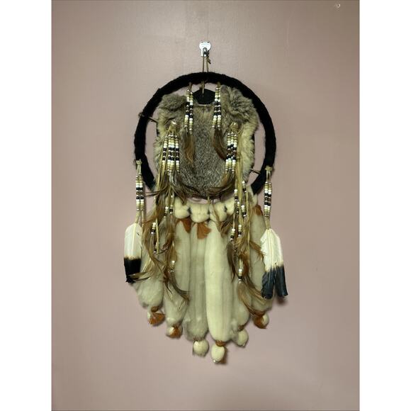 Native American Dream Catcher Wood Wool Feathers Beads Rabbit XL Boho Hippie - Picture 2 of 6
